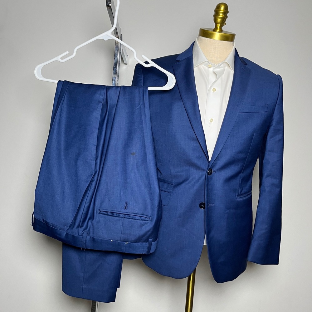 Express Suit Mens 40S 37W Blue Solid Slim Fit Stretch Wool Blend 2-Button